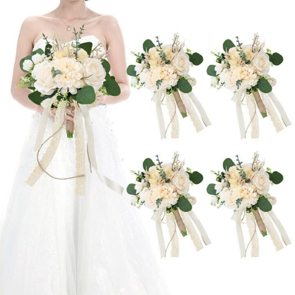 1508 Set of 4 Bridesmaid Bouquets for Wedding, 9 Inch Boho Bridesmaid